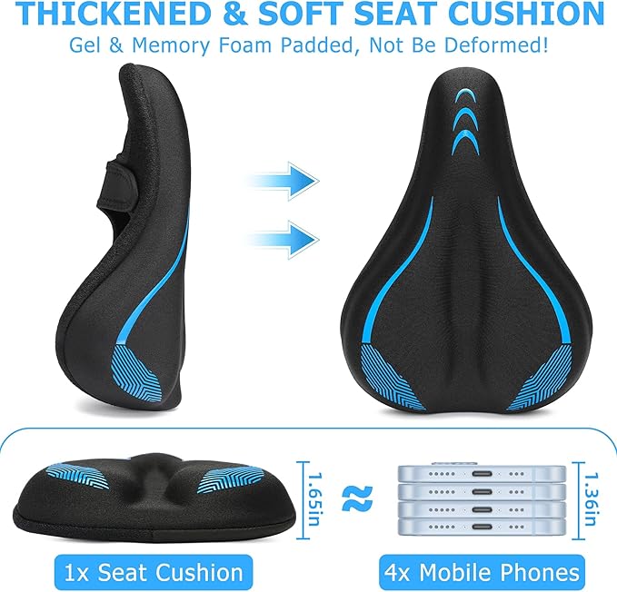 Gel Bike Seat Cushion, Soft Gel Padded Bicycle Seat Cover for Men & Women Comfort, Extra Padding Cycle Seat Cushion for Peloton, Stationary Exercise Bike, Beach Cruiser, Ebike, MTB, Road Bicycle