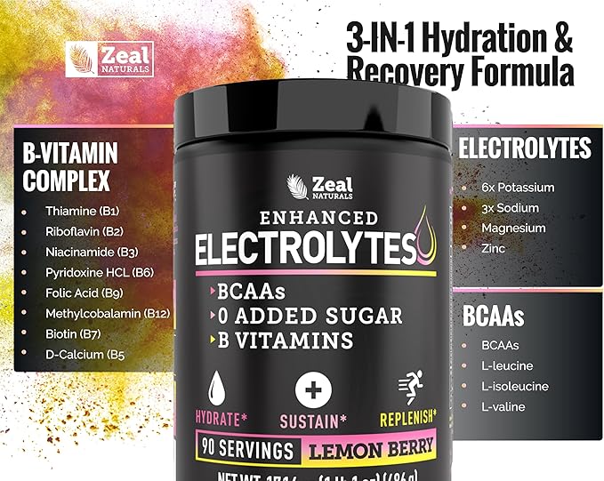 Zeal Naturals Electrolyte Powder Recovery Drink (90 Servings | Lemon Berry) w/ 0 Sugar +BCAAs +B-Vitamins Electrolyte Supplement w Potassium Zinc & Magnesium for Hydration - Keto Electrolytes