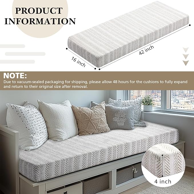 Leinuosen Bench Cushion 42x16x4 Inch for Indoor Furniture Weaving Texture Chenille Kitchen Bay Window Non Slip Seat Cushion Tufted Thicken Pad for Patio Porch, Mudroom Entryway (Beige and White)