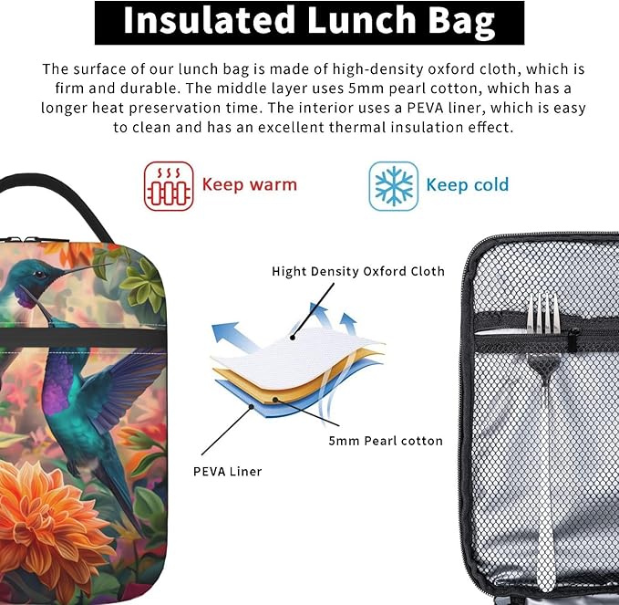 Insulated Lunch Box for Women Men, Hummingbird Floral Lunch Box Reusable Portable Lunch Bag Cooler Tote Waterproof Lunch Container for Office Picnic Work Travel Hiking,Hummingbird