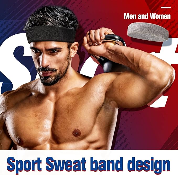 Sweatbands Sports Headband for Men & Women, Moisture Wicking Hairband Athletic Towel Headbands Cotton Head Sweat Bands for Running, Cycling, Yoga, Spa