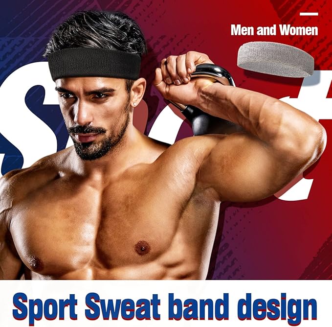 Sweatbands Sports Headband for Men & Women, Moisture Wicking Hairband Athletic Towel Headbands Cotton Head Sweat Bands for Running, Cycling, Yoga, Spa