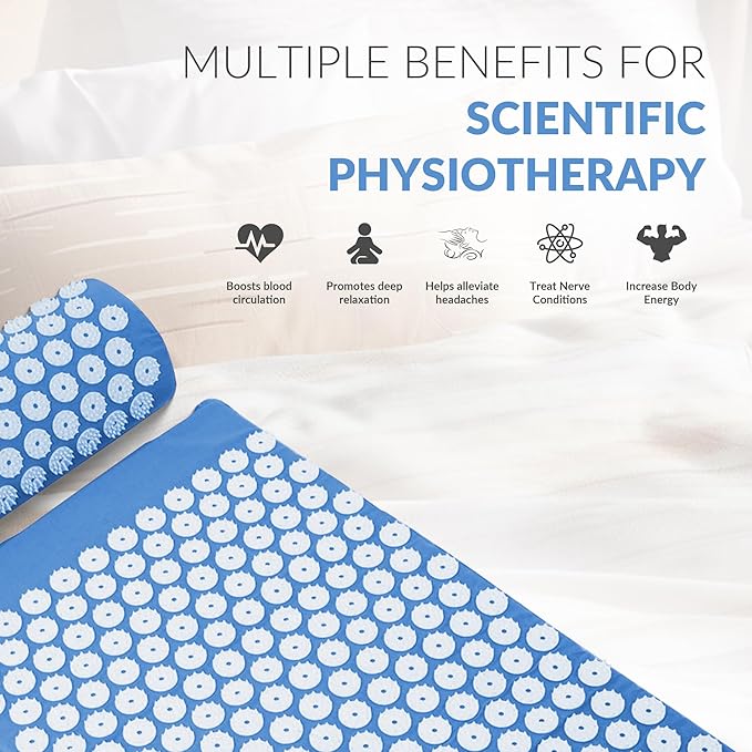 Fitvids Acupressure Mat and Pillow Set for Back/Neck Pain, Acupuncture Products to Relieve Muscle Fatigue, Improve Insomnia for Sedentary People, Acupuncture Eases Stress, Massage Mat, Blue