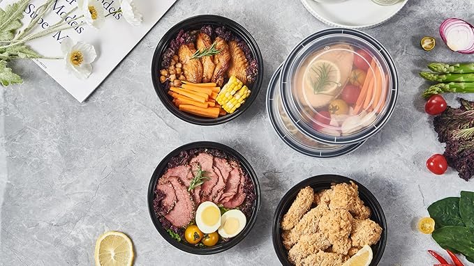 24 oz 150 ct Round Meal Prep Food Storage Containers with Lids To Go Plastic Lunch Plan Box Disposable Take Out Bowls Black BPA Free Durable Stackable Microwave Freezer Safe (Formerly FULING)