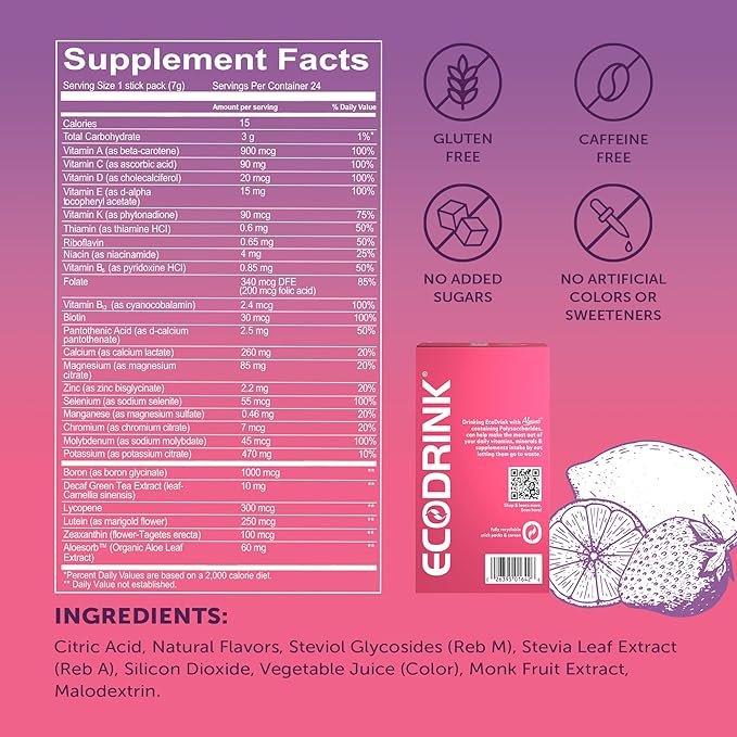 Lily of The Desert EcoDrink Nutrient Support Hydration Packets, Strawberry Lemonade – Naturally Sweetened Multivitamin Electrolyte Mix with Aloe, 24 Stick Packs/Box, 0.25 Oz Ea