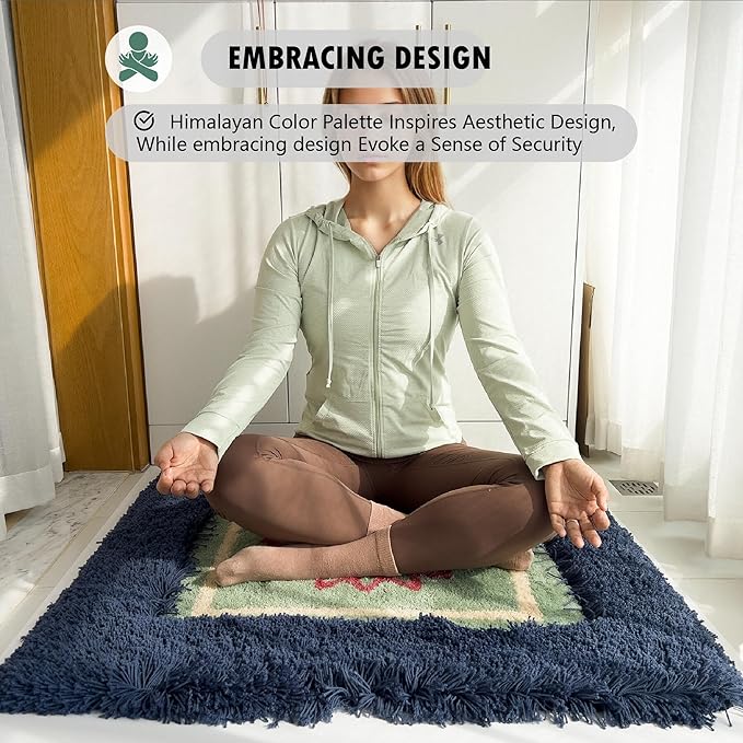 Himalayan 3 x 3 Navy Blue/Green Luxury Meditation Rug Mat Square Rugs | Thick & Supportive Yoga Mat with Non-Slip Base | Decorative Carpet & Accent Rug for Zen, Home Office & Living Room