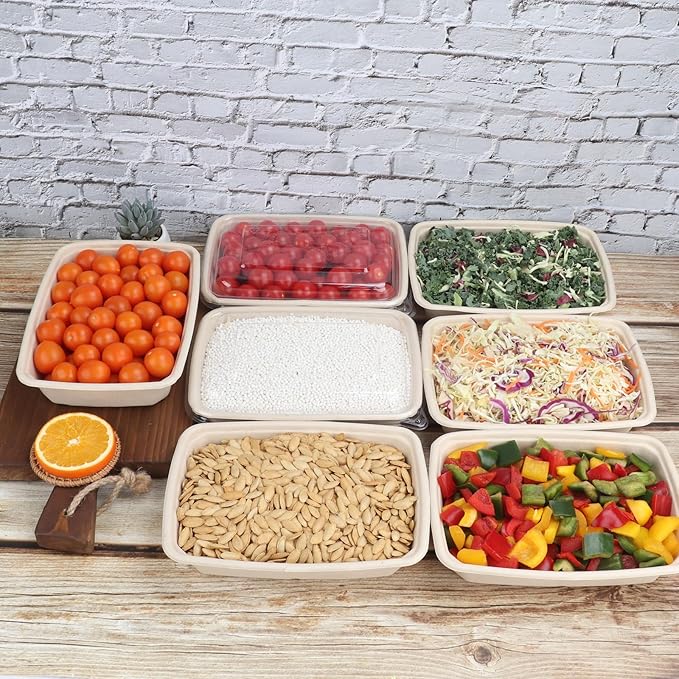 32 oz Rectangle Disposable bowls with lids,Sugarcane Fibers Bowls take away food containers Plant Fibers Freezer Safe 50 Pack