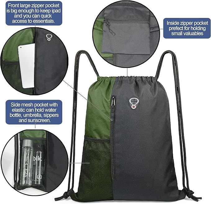 BeeGreen Moss Green Drawstring Backpack Gym Bag For Men & Women – Sports Sackpack with Mesh Water Bottle Holder & 2 Zippered Pockets – Large 16x20 Inch Cinch String Backpack