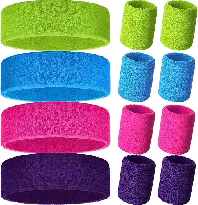 12 Pcs Sweatbands Set Neon Colors Headbands and Wristbands for Men Women Moisture Wicking Sweat Absorbing Workout Cotton Headbands 80s 90s Party