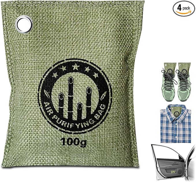 4 Pack charcoal odor absorber,Bamboo Charcoals Air Purifying Bag Charcoals Deodorizer Eliminator for Strong Odors in Car, Closet, Shoe, Basement (100G*4 Pack Green, Unscented)