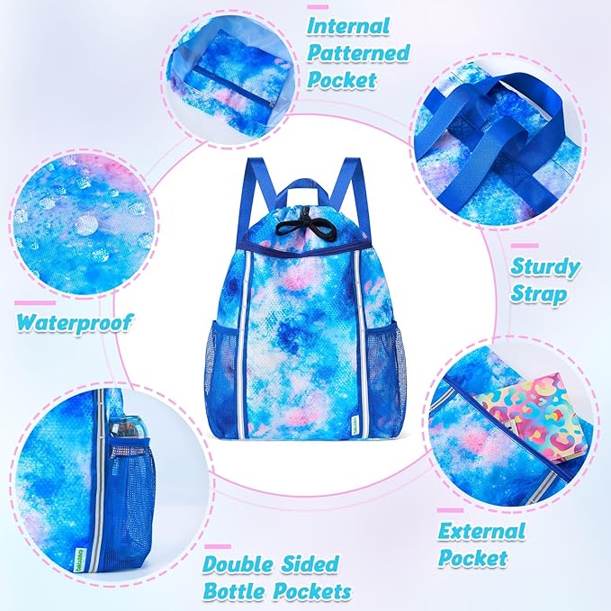 WAWSAM Kids Gym Drawstring Backpack String Bag, Tie Dyed Sports Gym Bag for Kids Girls Waterproof Swimming Beach String Cinch Backpack with Two Water Bottle Pocket