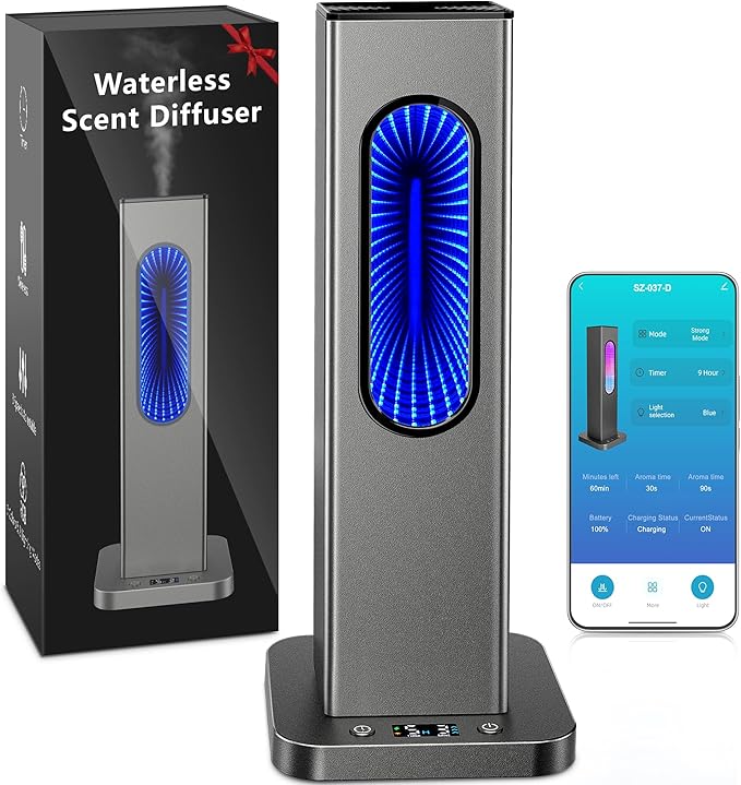 Waterless Essential Oil Diffuser, Rechargeable App Remote Control Scent Diffuser with LCD Screen, 1000 Sq Ft Coverage 3 Mist Levels Oil Diffuser with 7 LED Lights Timer for Hotel Home Office