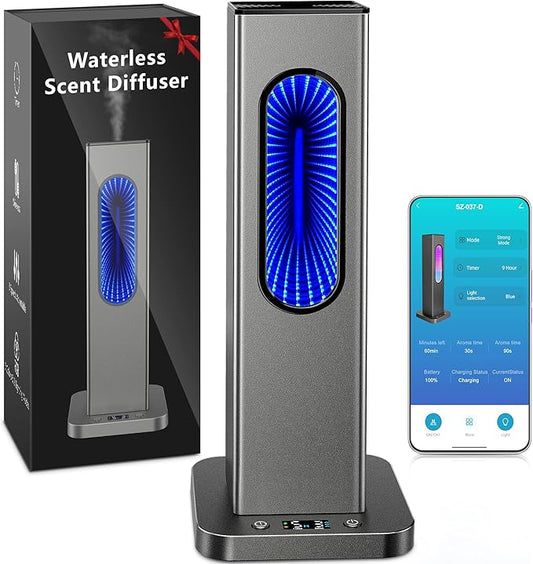 Waterless Essential Oil Diffuser, Rechargeable App Remote Control Scent Diffuser with LCD Screen, 1000 Sq Ft Coverage 3 Mist Levels Oil Diffuser with 7 LED Lights Timer for Hotel Home Office