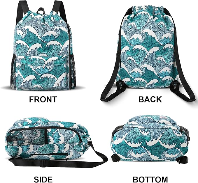 Drawstring Backpack with Mesh Pockets String Gym Bag Sackpack Sandproof Water Resistant Beach Backpack for Men Women