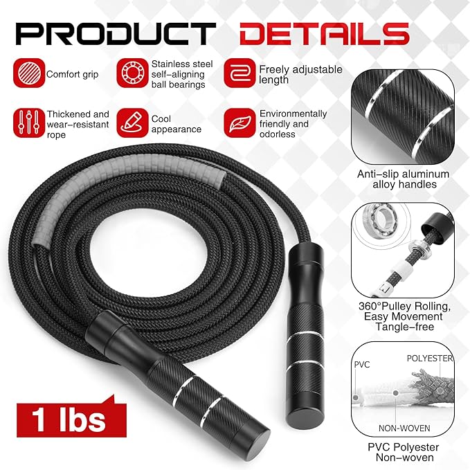 Weighted Jump Rope for Men and Women 1 LB Ball Bearing Rapid Speed Skipping Rope for Workout Fitness Exercise Aluminum Handle Adjustable Length Fabric Cotton and Solid PVC
