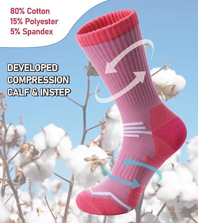 FNOVCO Women's Hiking Walking Running Crew Socks Thick Cushioned Athletic Compression Socks 5 Pairs