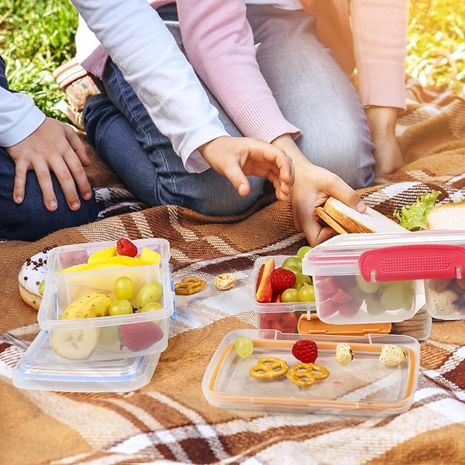 4 Pack Plastic Snack Containers with Lids, 2 Compartment Food Container for Kids Snack Box, Travel Bento Lunch Containers with forks for Fruits/Candies, Divided Food Storage Containers for School