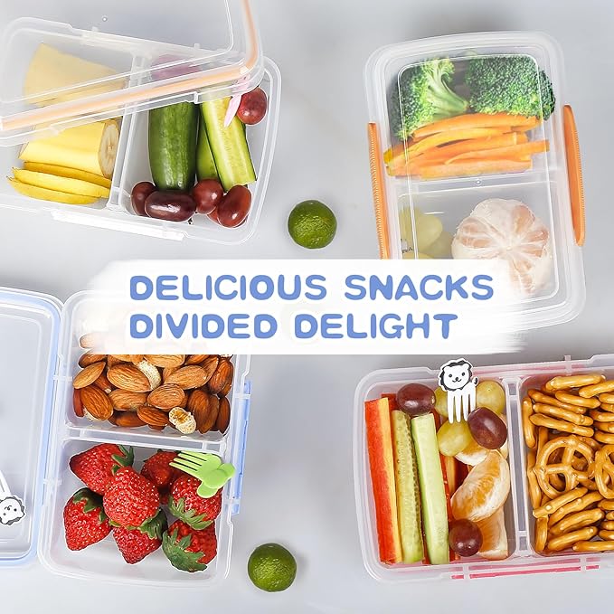 4 Pack Plastic Snack Containers with Lids, 2 Compartment Food Container for Kids Snack Box, Travel Bento Lunch Containers with forks for Fruits/Candies, Divided Food Storage Containers for School