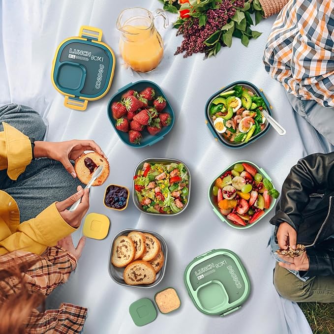 Single-Layer Bento Lunch Box for Kids & Adults with Removable Stainless Steel Lunch Container,Dressing Container,BPA-Free,Dishwasher Safe - Includes Utensil(Blue,Non-Insulated)