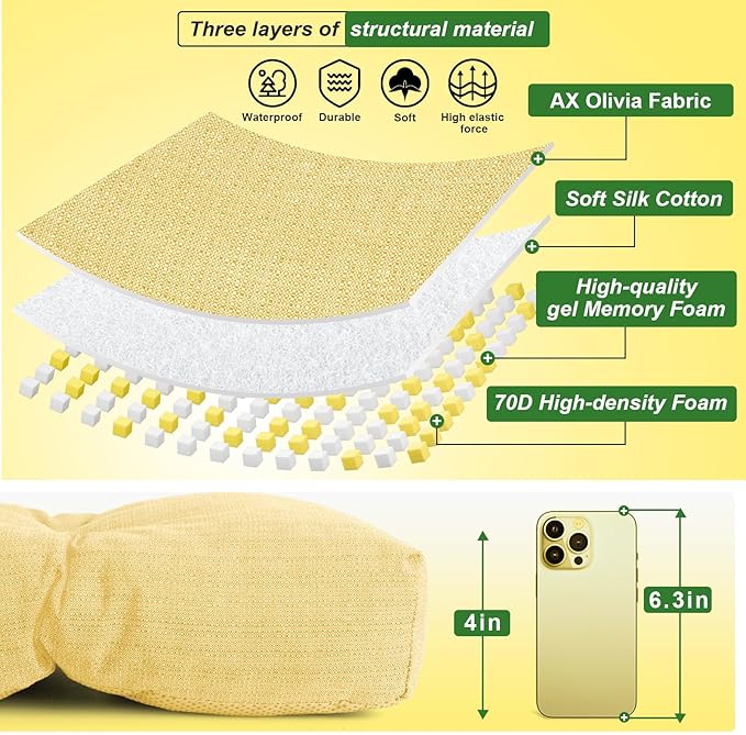 Waterproof Bench Cushion 36 Inch - Oliven Fabric, High-Density Foam, Non-Slip Bottom, Soft Durable Outdoor Tufted Long Seat Cushion for Window Garden Furniture (Yellow, 36x14x4 Inch)