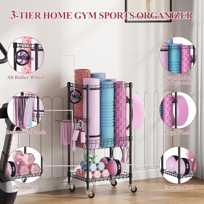 VOPEAK Home Gym Storage Rack with Wheels, Yoga Mat Storage Organizer for Kettlebells, Dumbbells, Resistance Bands, Space Saving Weight Rack for Home Gym, Garage, Easy to Install