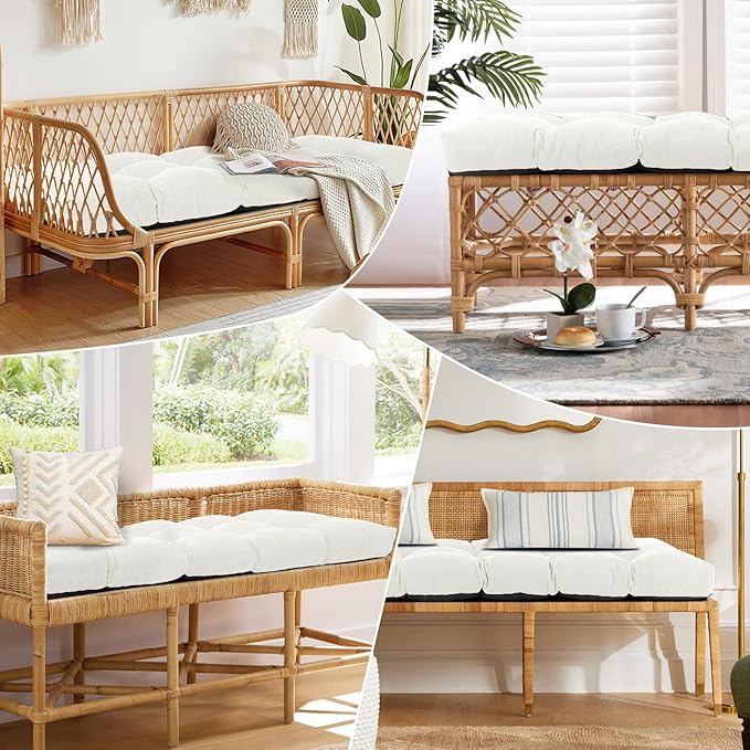 Bench Cushion 48 Inch - Chenille, High-Density Memory Foam, Non-Slip Bottom, Soft Durable Indoor Tufted Long Seat Cushion for Window Garden Furniture (White, 48x16x4 Inch)