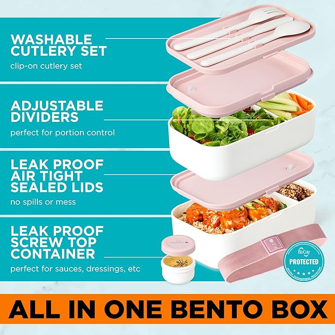 Double Premium Bento Box Adult, 67 fl oz BPA-Free - Dusty Pink Stackable Lunch Box with Leak-Proof Lids & Dividers, Perfect for Meal Prep, Lunches & Portion Control