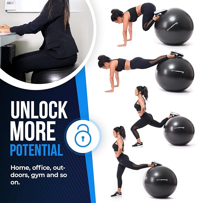 DYNAPRO Exercise Ball Extra Thick Eco-Friendly & Anti-Burst Material Supports over 2200lbs, Stability Ball for Home, Yoga, Gym, Birthing, Physio, Swiss, Physical Therapy or Pregnancy