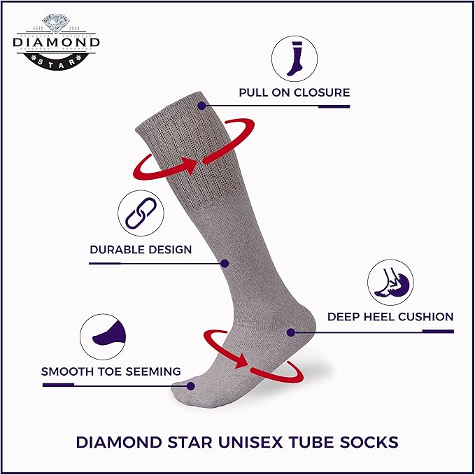 Diamond Star Men's 6 Pack Athletic Tube Socks Running Sports OVER THE CALF Full Cushioned Premium Soft Cotton Big and Tall