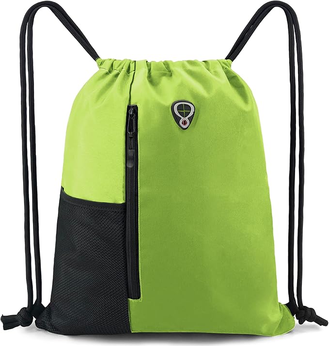 BeeGreen Lime Drawstring Backpack Gym Bag For Men & Women – Sports Sackpack with Mesh Water Bottle Holder & 2 Zippered Pockets – Large 16x20 Inch Cinch String Backpack Workout Bag for Running, Travel