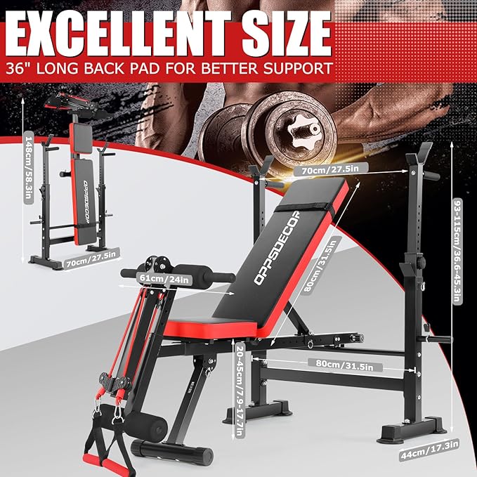 OPPSDECOR 8-in-1 Foldable Weight Bench Set with Squat Rack, Adjustable Bench Press Home Gym System for Full-Body Workout, Flat Incline Decline Sit Up Bench with Removable Foot Catch & Elastic Ropes