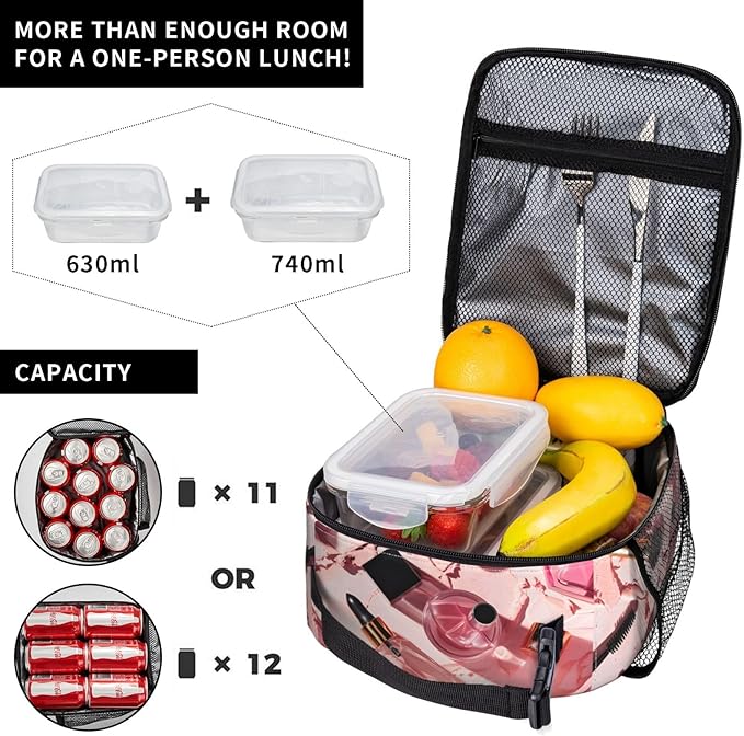 Insulated Lunch Box for Women Men, Pink Makeup Theme Lunch Box Reusable Portable Lunch Bag Cooler Tote Waterproof Lunch Container for Office Picnic Work Travel