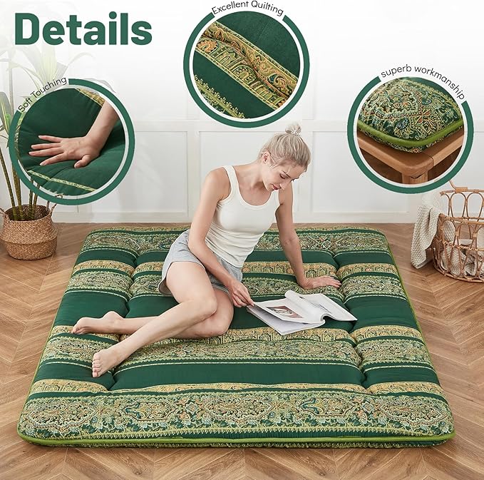 Japanese Floor Mattress, Futon Mattress with Portable Storage Bag and Washable Cover, Roll Up Thick Tatami Mat Suitable for Camping, Guest Room (Bohemian Green, Queen)