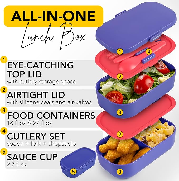 Insulated Stackable Bento Box for Adults with Reusable Chopsticks Japanese Lunch Box Microwavable & Leak Proof Lunch Containers for Men & Women Modern Cute Food Container with Compartments (Lavender)