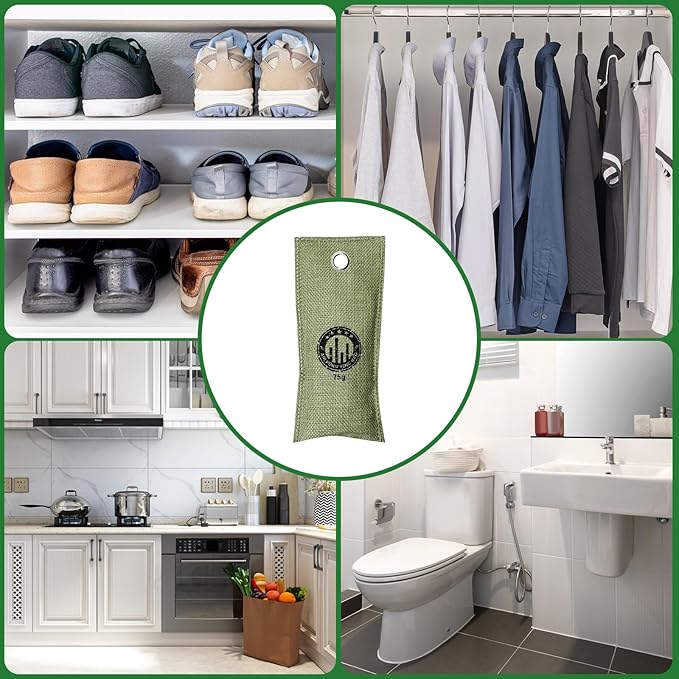 4 Pack charcoal odor absorber,Bamboo Charcoals Air Purifying Bag Charcoals Deodorizer Eliminator for Strong Odors in Car, Closet, Shoe, Basement (75G*4 Pack Green, Unscented)