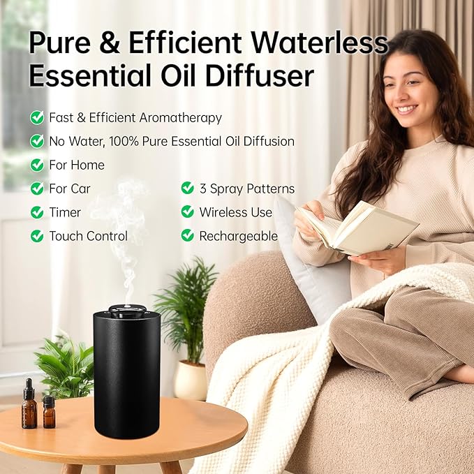 Waterless Essential Oil Diffuser, Battery Operated Mini Scent Air Machine for 5ml/ 10ml/ 20ml Essential Oils, Aromatherapy Diffuser with 3 Countdown Timers & 3 Mist Levels for Home, Car, Office