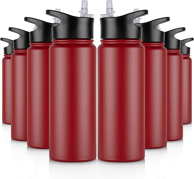 24 oz Insulated Water Bottle Bulk 8 Pack, Stainless Steel Sports Water Bottles with Straw Lid & Wide Mouth Lids, Double Walled Vacuum, Leak Proof, Red