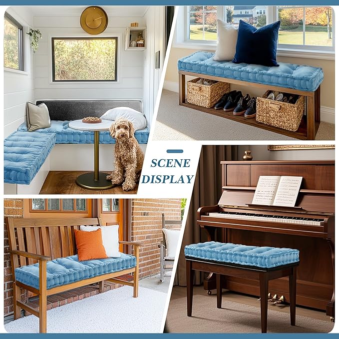 Bench Cushions for Indoor Furniture 42x16 in Velvet Kitchen Dining Piano Window Seat Cushion, Tufted Patio Porch Swing Thicken Bench Pad Memory Foam(Water Blue)