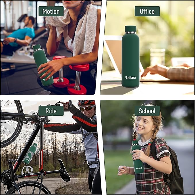 Slim Insulated Water Bottles for Travel 18oz with Clip, Double Wall Vacuum Stainless Steel Water Bottle Keeps Drinks Cold 24 Hrs/Hot 12 Hrs, 100% Leakproof, BPA Free(Emerald Green)