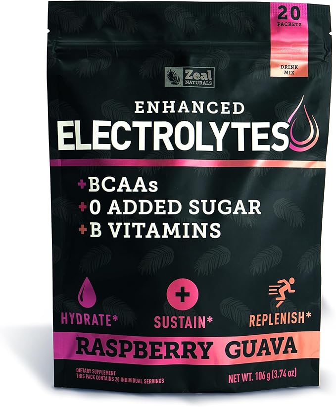Enhanced Electrolyte Powder Stick Packs (Raspberry Guava | 20 Packets) w/ 0 Sugar +BCAAs +B-Vitamins Electrolyte Supplement w Potassium Zinc & Magnesium for Hydration - Keto Electrolytes