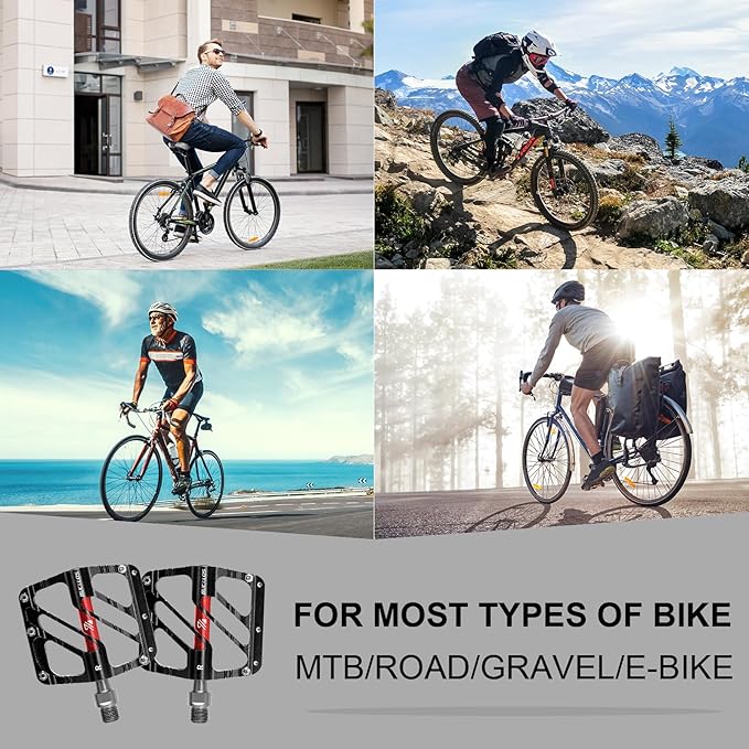 BUCKLOS MTB Flat Pedals Mountain Bike Pedals, 3 Bearings CNC Adult Road Bike Pedals, Bicycle Platform Aluminum Alloy Non-Slip Pedal for Gravel Bike/BMX 9/16"(Black)