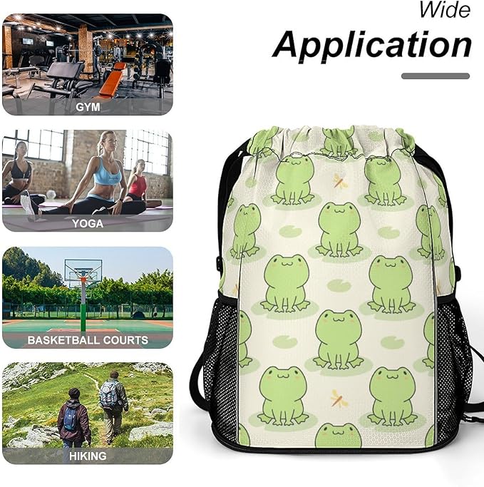 Frog Drawstring Backpack - Cute Cinch Sack, String Backpacks with Pocket for Kids Women Men Boys Girls for Gym Outdoor Sports Travel Athletic Drawstring Bag - Lightweight/Foldable