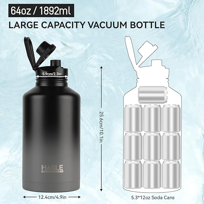 HASLE OUTFITTERS Half Gallon Insulated Water Bottles 64 oz, Stainless Steel Metal Water Jug with 2 Lids Keep Cold 48h/Hot 24h, Leak Proof & BPA-Free Water Flask Jug(Black Gray Gradient,1)