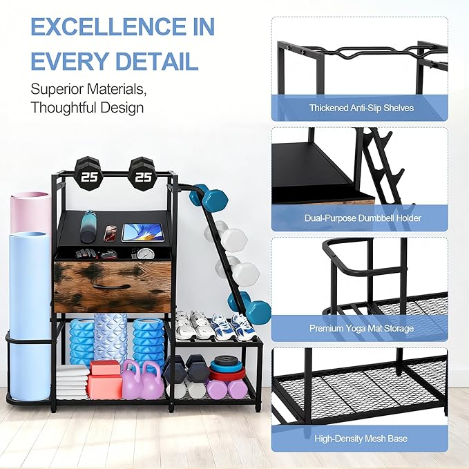 Dumbbell Rack for Home Gym, 5-Tier Metal Home Gym Storage Rack with Drawer and Slanted Shelf, Multi-Functional Organizer for Dumbbells, Yoga Mats & Accessories, Weight Rack for Home Gym Dumbbells