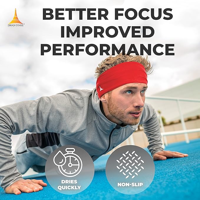 French Fitness Revolution - Stretchy Sports Headband for Men & Women - Guys Sweatband for Running, Cycling, Basketball, Yoga, Fitness - Moisture Wicking Workout Hairband - Made in Europe