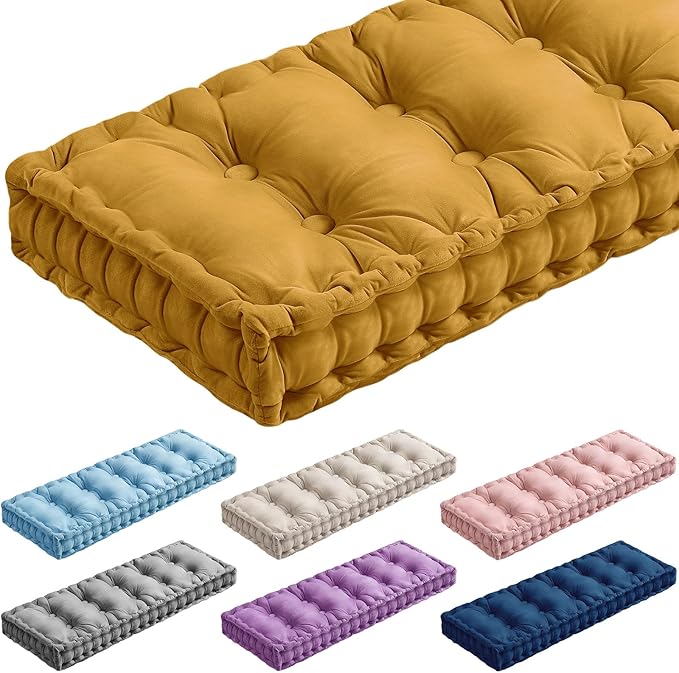 Bench Cushions for Indoor Furniture 36x14 Inch Velvet Kitchen Dining Piano Window Seat Cushion, Tufted Patio Porch Swing Thicken Bench Pad Memory Foam(Yellow)