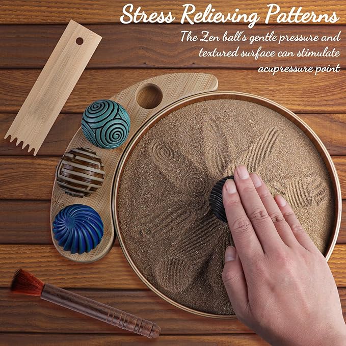 Melonva Mini Zen Garden for Desk - 9.5''x9.5'' Automatic Desk Sand Tray Therapy Kit with 4 Stamp Spheres