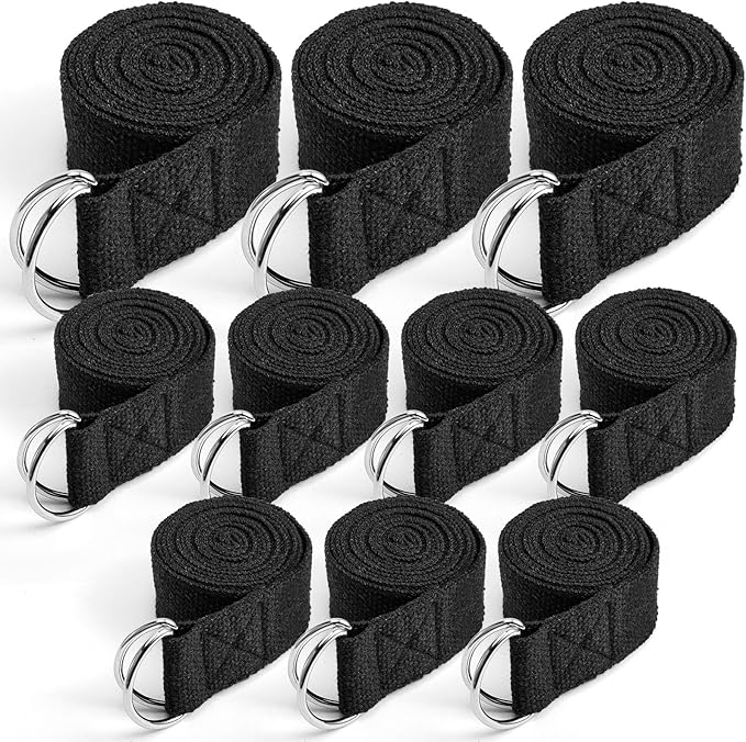10 Pcs Yoga Strap for Stretching,8 Ft Exercise Adjustable Straps,Yoga Bands with Safe Adjustable D Ring Buckle,Non Elastic Yoga Belt for Pilates Gym Workouts,Physical Therapy,Black