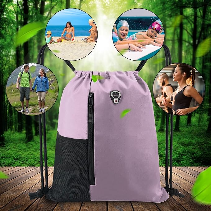BeeGreen Lilac Drawstring Backpack Gym Bag For Men & Women – Sports Sackpack with Mesh Water Bottle Holder & 2 Zippered Pockets – Large 16x20 Inch Cinch String Backpack Workout Bag for Running, Travel
