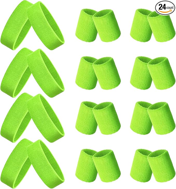 24 Pieces 80s Neon Sweatbands Set, Include 8 Sports Headbands and 16 Sweat Wristbands Elastic Athletic Tennis Sweat Bands Bulk for Man Woman